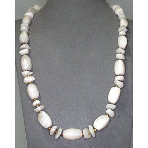 VINTAGE MULTI SHAPE WHITE AGATE BEAD NECKLACE/ BRASS SPACER BEADS 20"